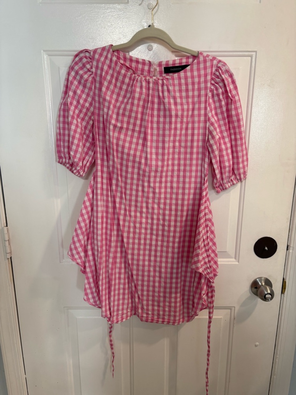 Fashion to Figure Pink White Gingham Puff Sleeve Tunic Dress